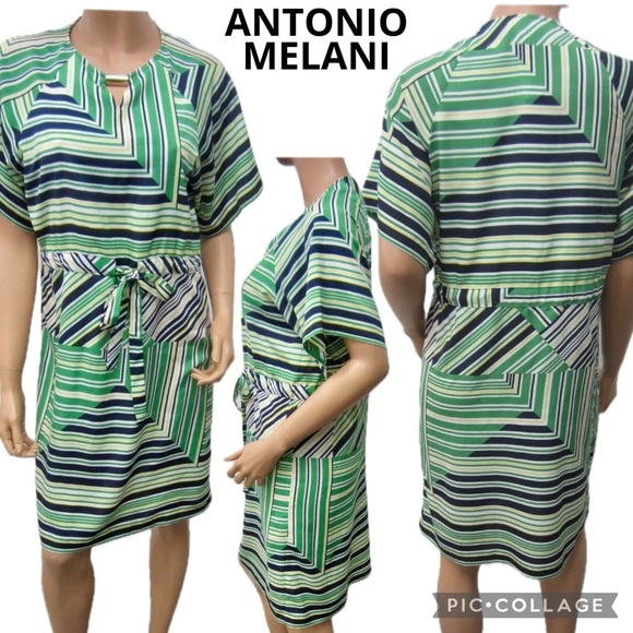 Antonio Melani Jenna Dress Spring Green Navy Geometric Stripe Cinched Size 12 - Picture 1 of 13